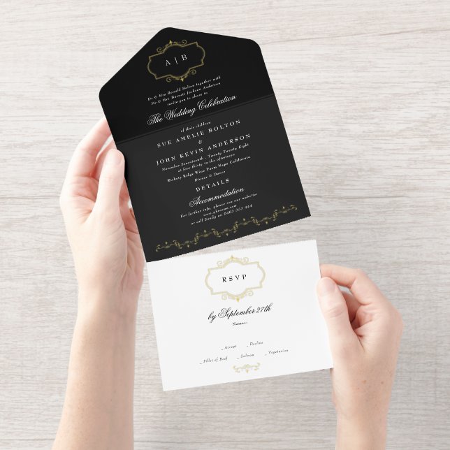 black white formal gold crest monogram wedding all in one invitation (Tearaway)