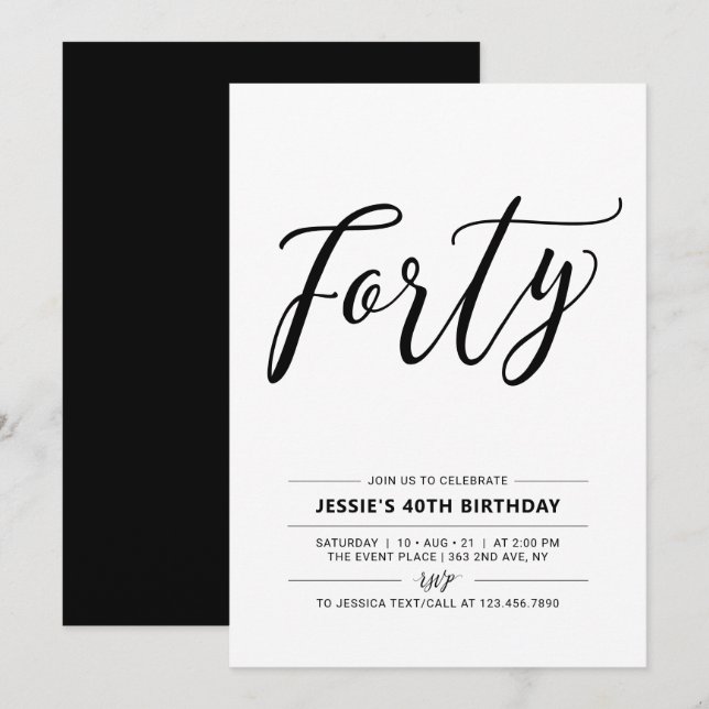 Black & White Forty Minimal 40th Birthday Party Invitation (Front/Back)
