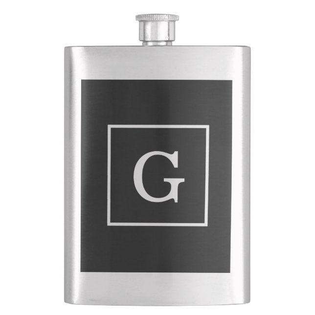 Black White Framed Initial Monogram Hip Flask (Front)