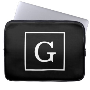 Black White Framed Initial Monogram Laptop Sleeve