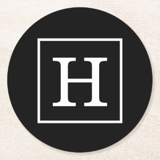 Black White Framed Initial Monogram Round Paper Coaster
