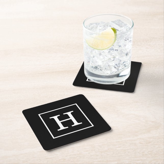 Black White Framed Initial Monogram Square Paper Coaster (Insitu)