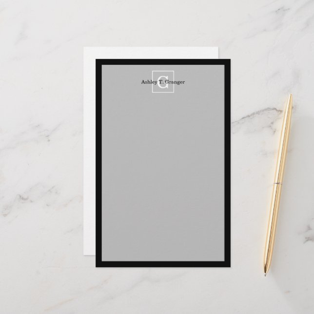 Black White Framed Initial Monogram Stationery (Front/Back In Situ)