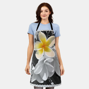 Black White Frangipani Pop Ladies Full Print Apron