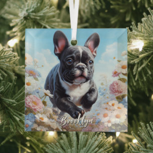 Black & White French Bulldog & Flowers  Glass Ornament