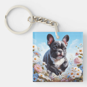 Black & White French Bulldog & Flowers Keychain