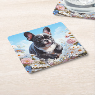 Black & White French Bulldog & Flowers  Square Paper Coaster