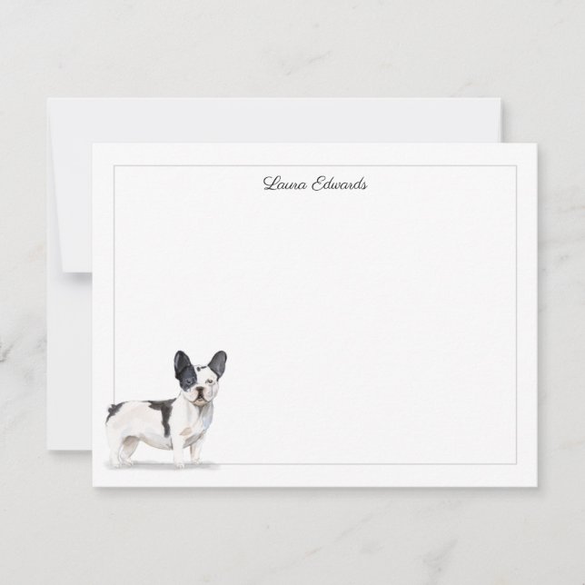 Black White French Bulldog Grey Border Stationery Card (Front)