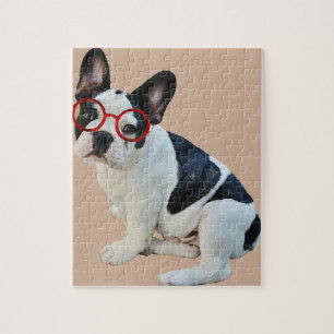 Black & White French Bulldog Wearing Red Glasses Jigsaw Puzzle