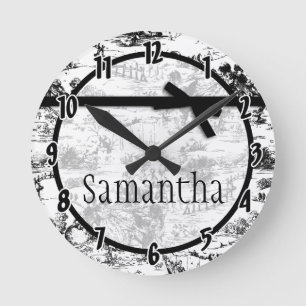 Black White French Fabric Toile Personalized Clock