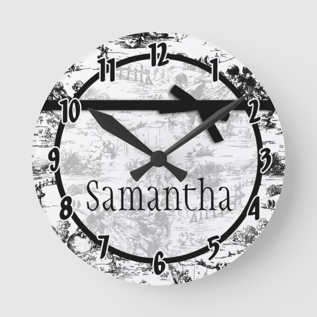 Black White French Fabric Toile Personalized Clock (Front)
