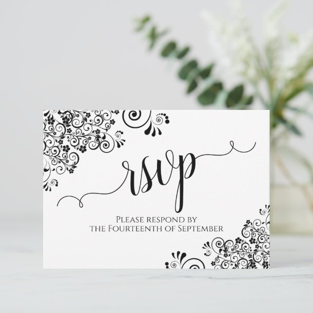 Black & White Frilly Elegant Calligraphy Wedding RSVP Card (Standing Front)