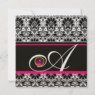 BLACK WHITE FUCHSIA  DAMASK MONOGRAM Amethyst Gold Invitation