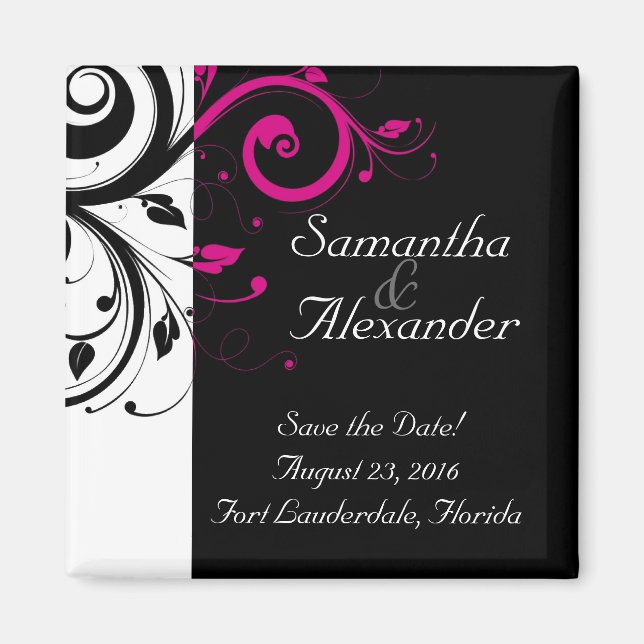 Black, White, Fuchsia Reverse Swirl Wedding Magnet (Front)