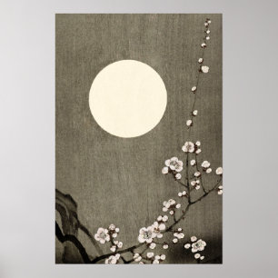 Black White Full Moon Cherry Blossom Art Poster