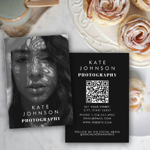 Black White Full Photo QR Code Social Media Business Card