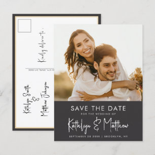 Black & White Fun Script Modern Photo Wedding Save Announcement Postcard