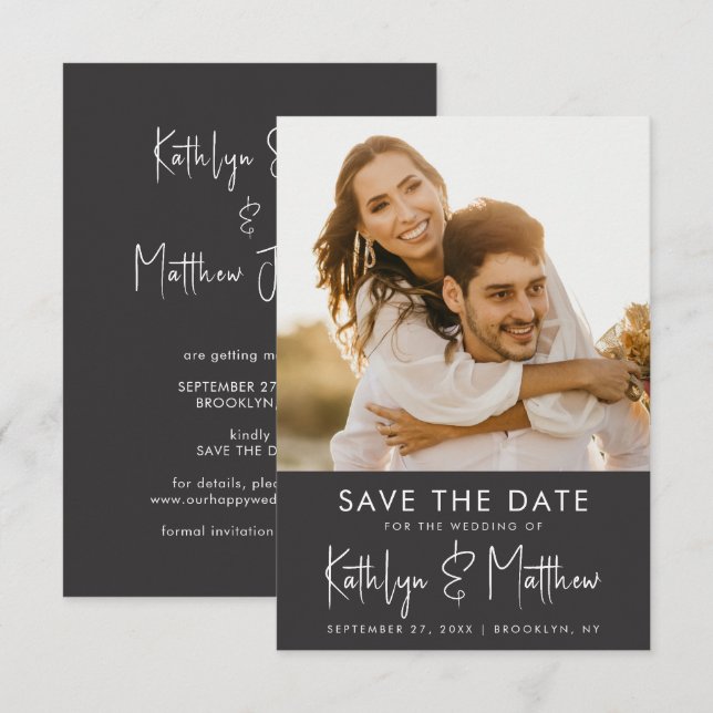 Black & White Fun Script Modern Photo Wedding Save The Date (Front/Back)