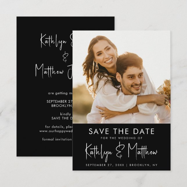 Black & White Fun Script Modern Photo Wedding Save The Date (Front/Back)