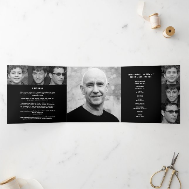 Black white Funeral service mono custom photos Tri-Fold Programme (Inside)