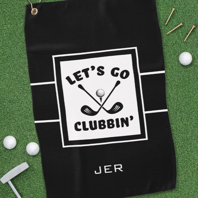 Black & White Funny Golfer Clubs Monogram  Golf Towel (Creator Uploaded)