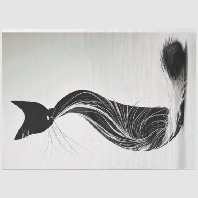 Black White Fury Silhouette Cat Decoupage Tissue Paper (Front)