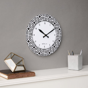 Black White Geometric Antique Pattern Large Clock