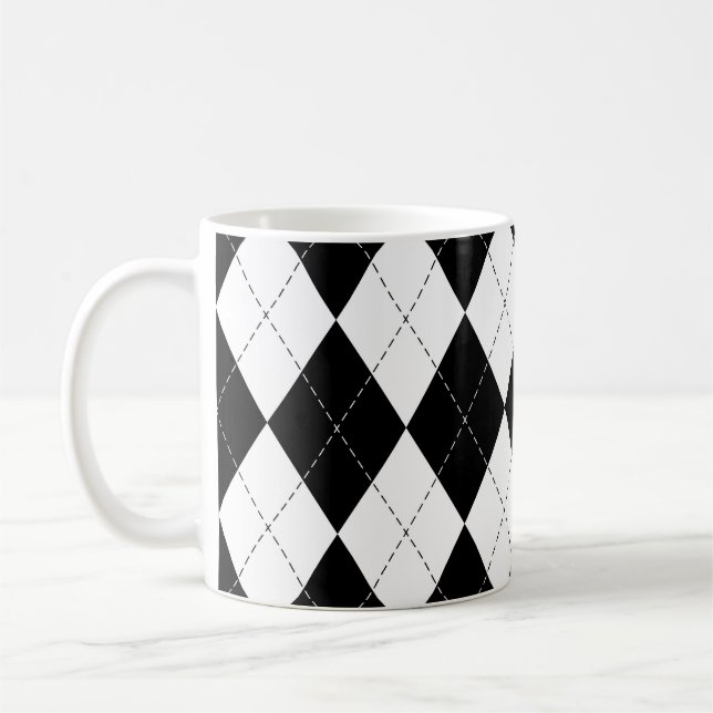 Black White Geometric Argyle Pattern Coffee Mug (Left)