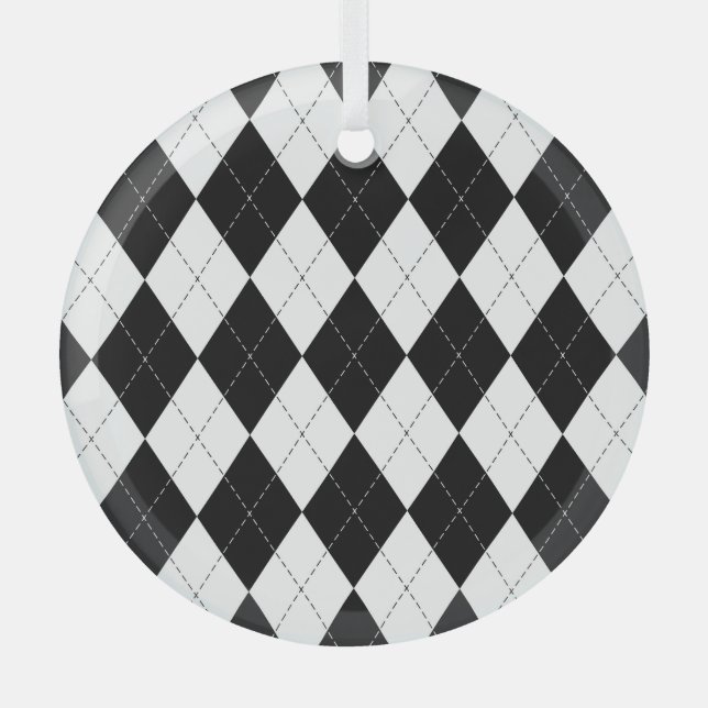 Black White Geometric Argyle Pattern Glass Ornament (Front)