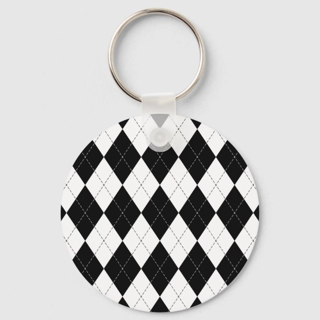 Black White Geometric Argyle Pattern Keychain (Front)