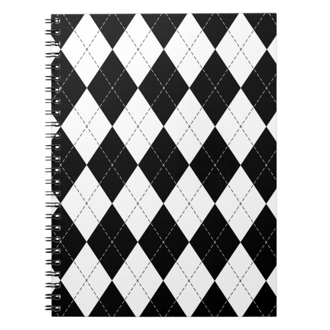 Black White Geometric Argyle Pattern Notebook (Front)