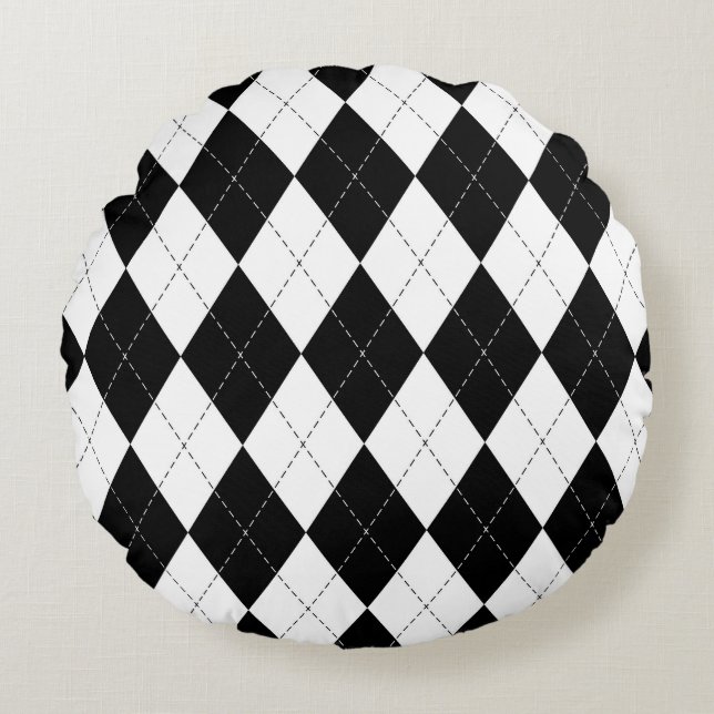 Black White Geometric Argyle Pattern Round Pillow (Front)