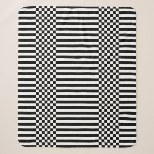 Black & White Geometric Checkers & Stripes Sherpa Blanket