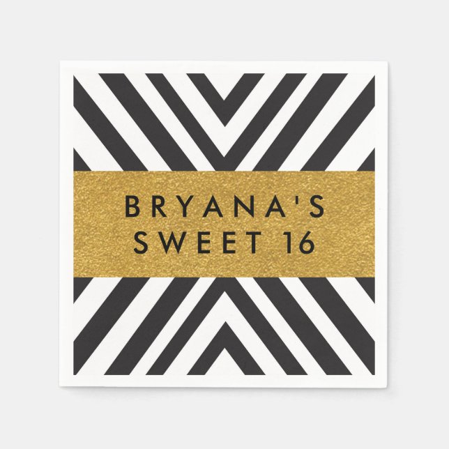 Black & White Geometric Chic Gold Modern Napkins (Front)