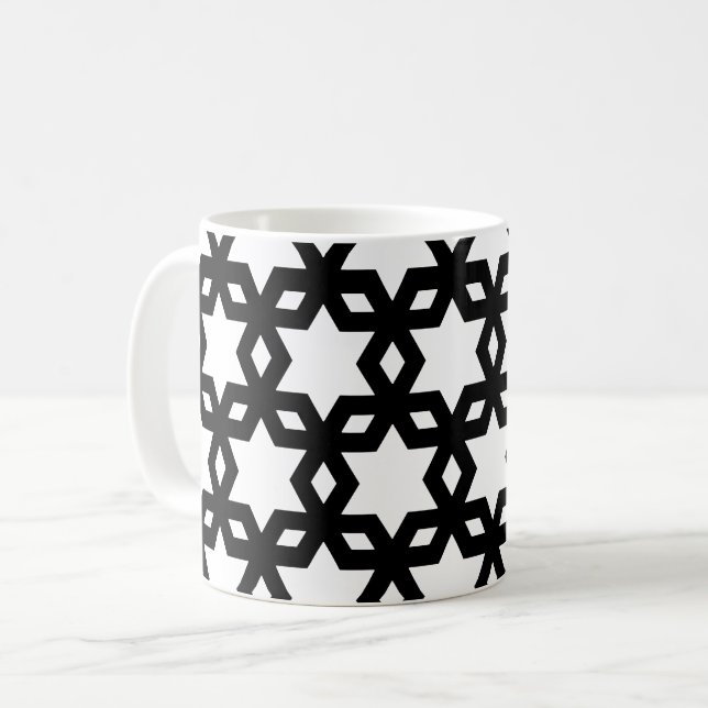 Black White Geometric Cool Stars Pattern Coffee Mug (Front Left)