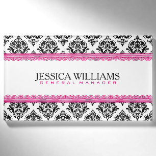 Black & White Geometric Damasks Pink Lace Accents Name Tag