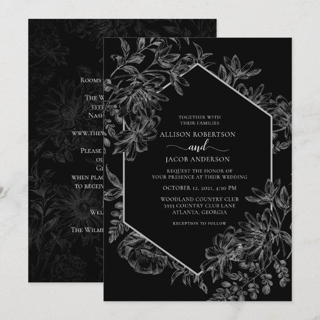 Black White Geometric Floral Wedding All In One Invitation (Front/Back)