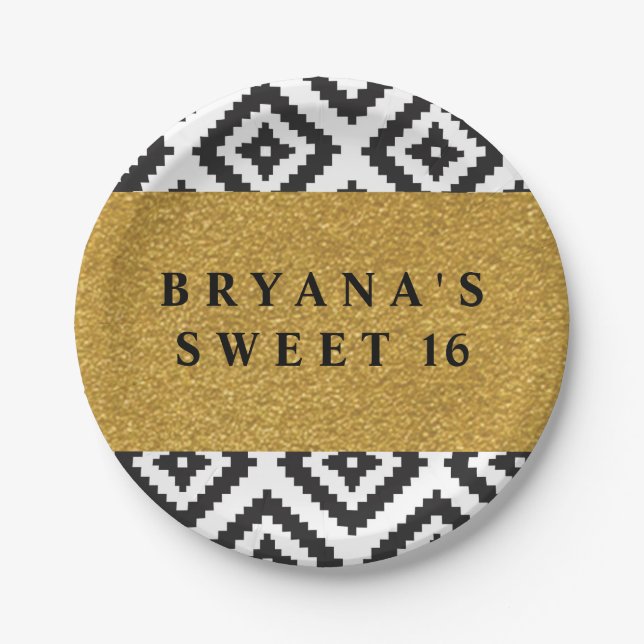 Black & White Geometric Gold Modern Party Plates (Front)