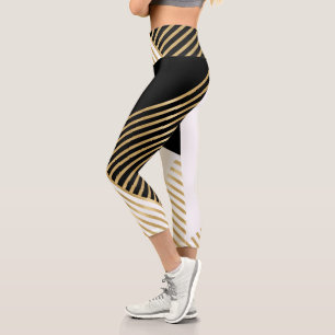 Black White Geometric Gold Stripes Modern Design Capri Leggings