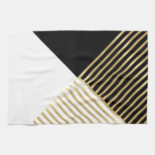 Black White Geometric Gold Stripes Modern Design Kitchen Towel