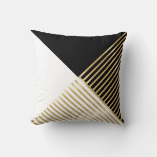 Black White Geometric Gold Stripes Modern Design Throw Pillow