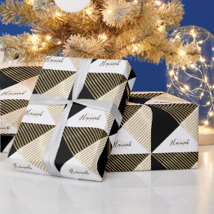 Black White Geometric Gold Stripes Modern Design Wrapping Paper