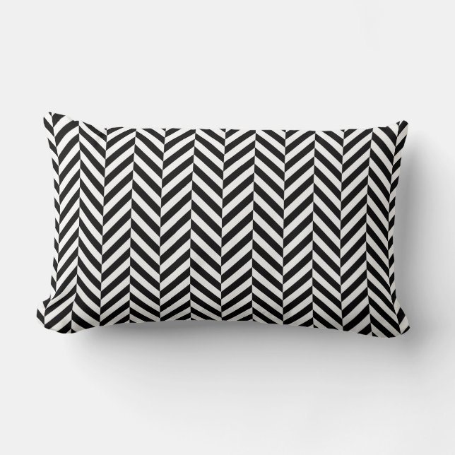 Black White Geometric Herringbone Pattern Lumbar Pillow (Front)