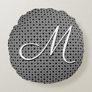 Black & White Geometric Initial Monogram Round Pillow