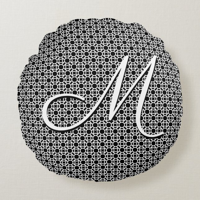 Black & White Geometric Initial Monogram Round Pillow (Front)