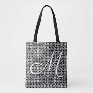Black & White Geometric Initial Monogram Tote Bag