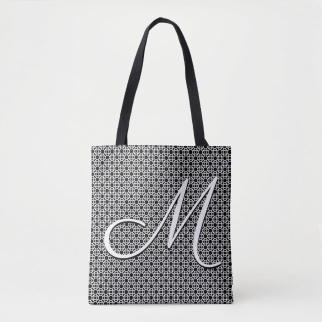 Black & White Geometric Initial Monogram Tote Bag (Front)