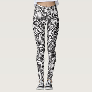 Black White Geometric Maze Abstract Line Leggings