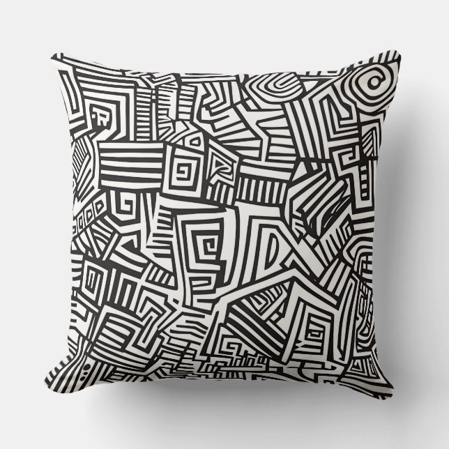 Black White Geometric Maze Abstract Line Throw Pillow (Front)