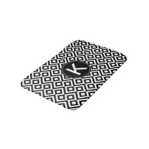 Black White Geometric Meander with Custom Monogram Bath Mat